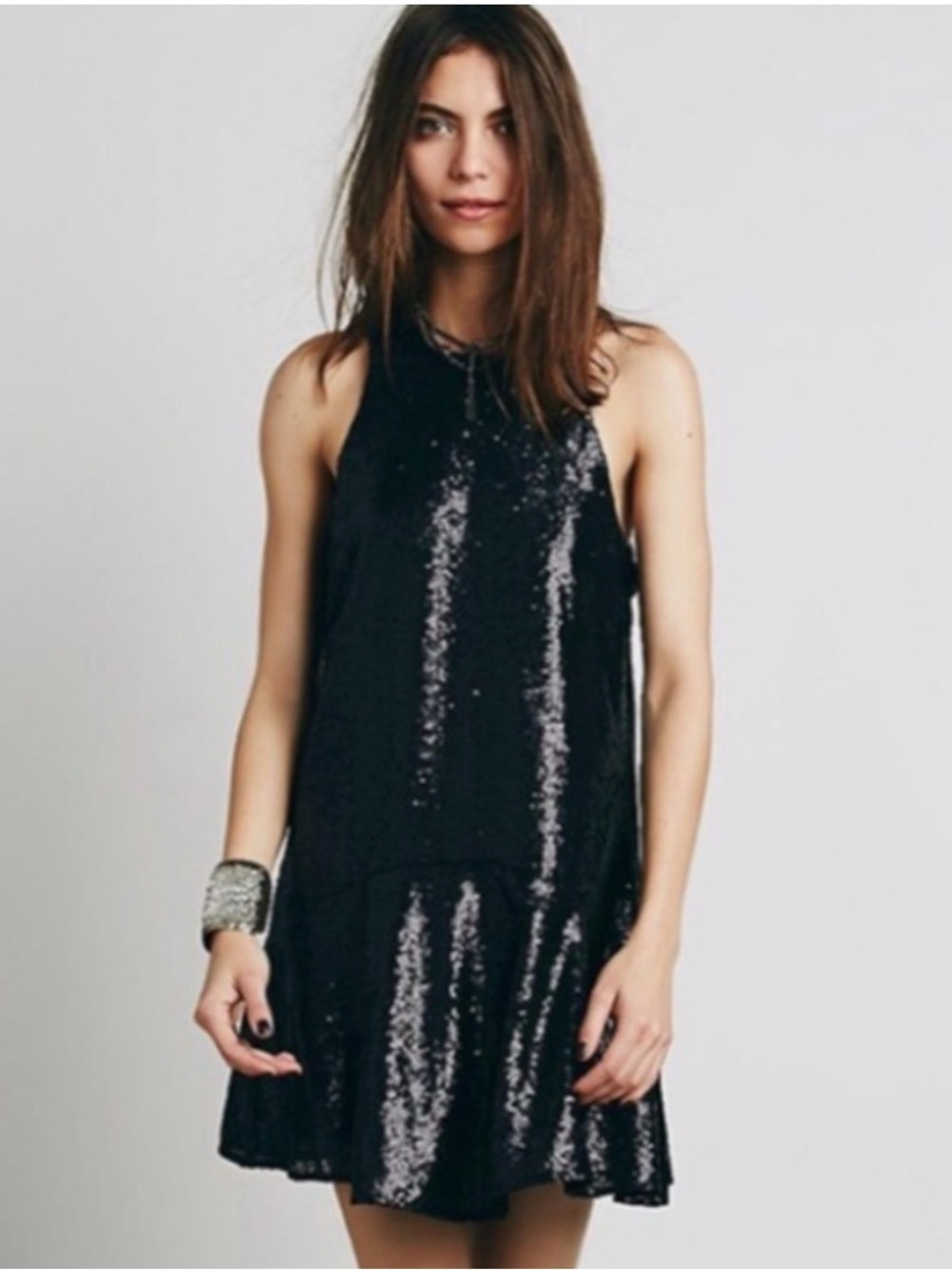 FREE PEOPLE Black Sequin Swing Mini Dress Keyhole Back Size Medium